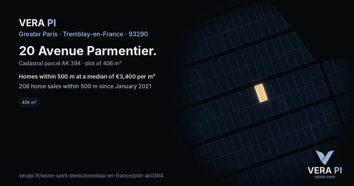 20 Avenue Parmentier, Tremblay-en-France at night – the plot lit, the parcels around coloured by the prices near them