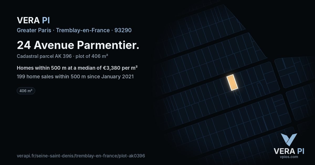 24 Avenue Parmentier, Tremblay-en-France at night – the plot lit, the parcels around coloured by the prices near them