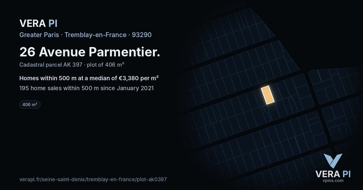 26 Avenue Parmentier, Tremblay-en-France at night – the plot lit, the parcels around coloured by the prices near them