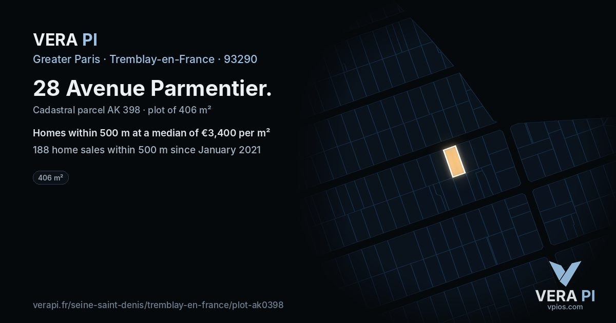 28 Avenue Parmentier, Tremblay-en-France at night – the plot lit, the parcels around coloured by the prices near them