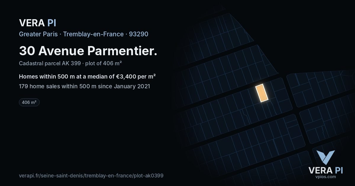 30 Avenue Parmentier, Tremblay-en-France at night – the plot lit, the parcels around coloured by the prices near them