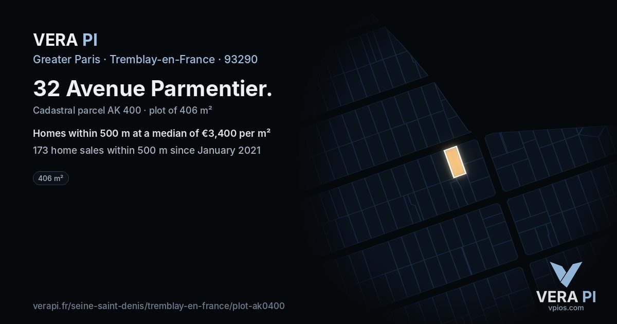 32 Avenue Parmentier, Tremblay-en-France at night – the plot lit, the parcels around coloured by the prices near them