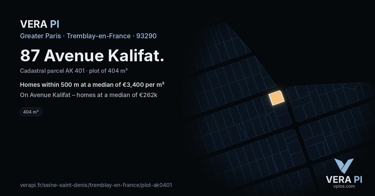 87 Avenue Kalifat, Tremblay-en-France at night – the plot lit, the parcels around coloured by the prices near them