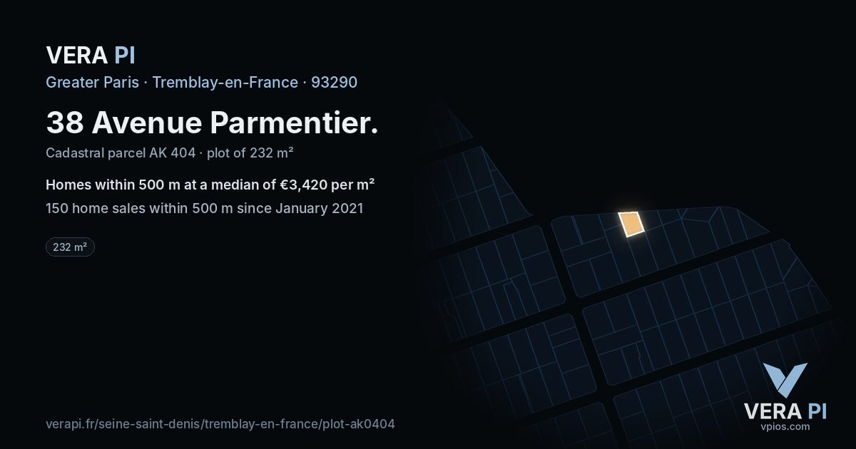 38 Avenue Parmentier, Tremblay-en-France at night – the plot lit, the parcels around coloured by the prices near them