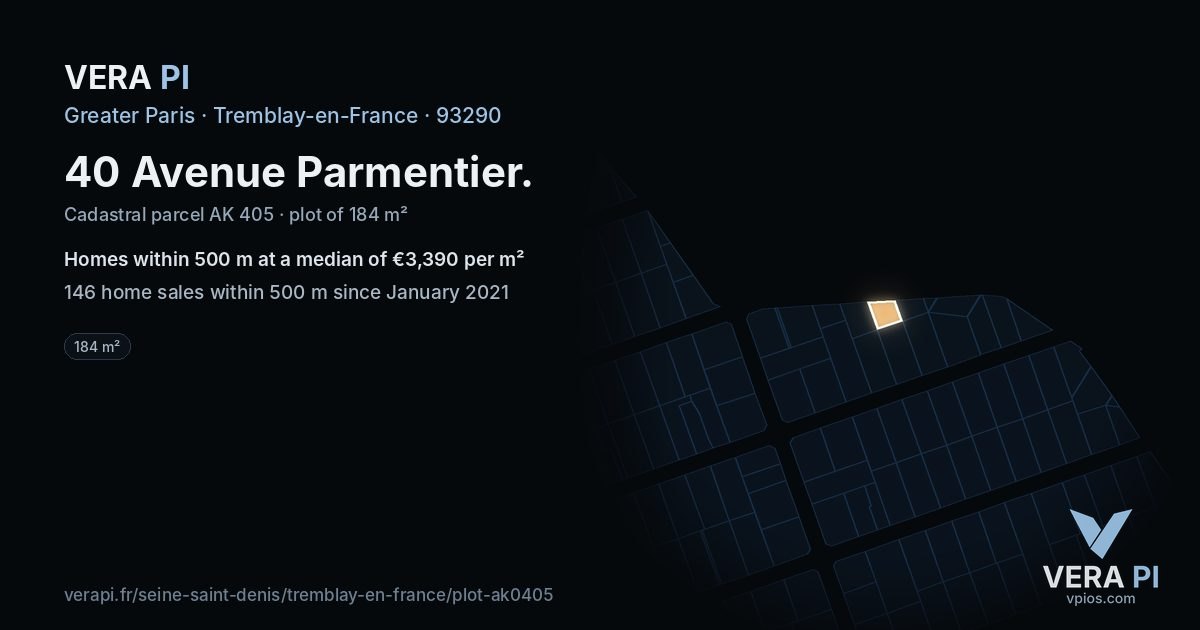 40 Avenue Parmentier, Tremblay-en-France at night – the plot lit, the parcels around coloured by the prices near them