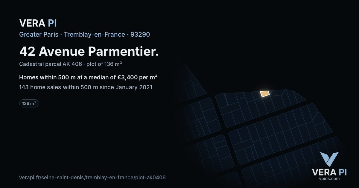 42 Avenue Parmentier, Tremblay-en-France at night – the plot lit, the parcels around coloured by the prices near them