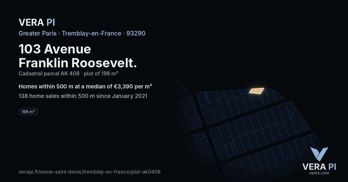 103 Avenue Franklin Roosevelt, Tremblay-en-France at night – the plot lit, the parcels around coloured by the prices near them