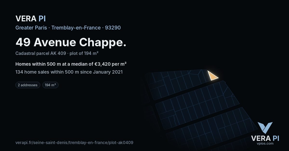 49 Avenue Chappe, Tremblay-en-France at night – the plot lit, the parcels around coloured by the prices near them