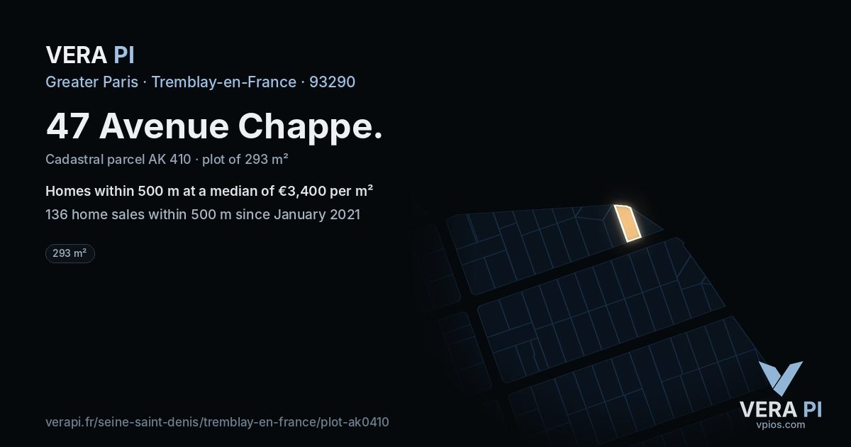 47 Avenue Chappe, Tremblay-en-France at night – the plot lit, the parcels around coloured by the prices near them