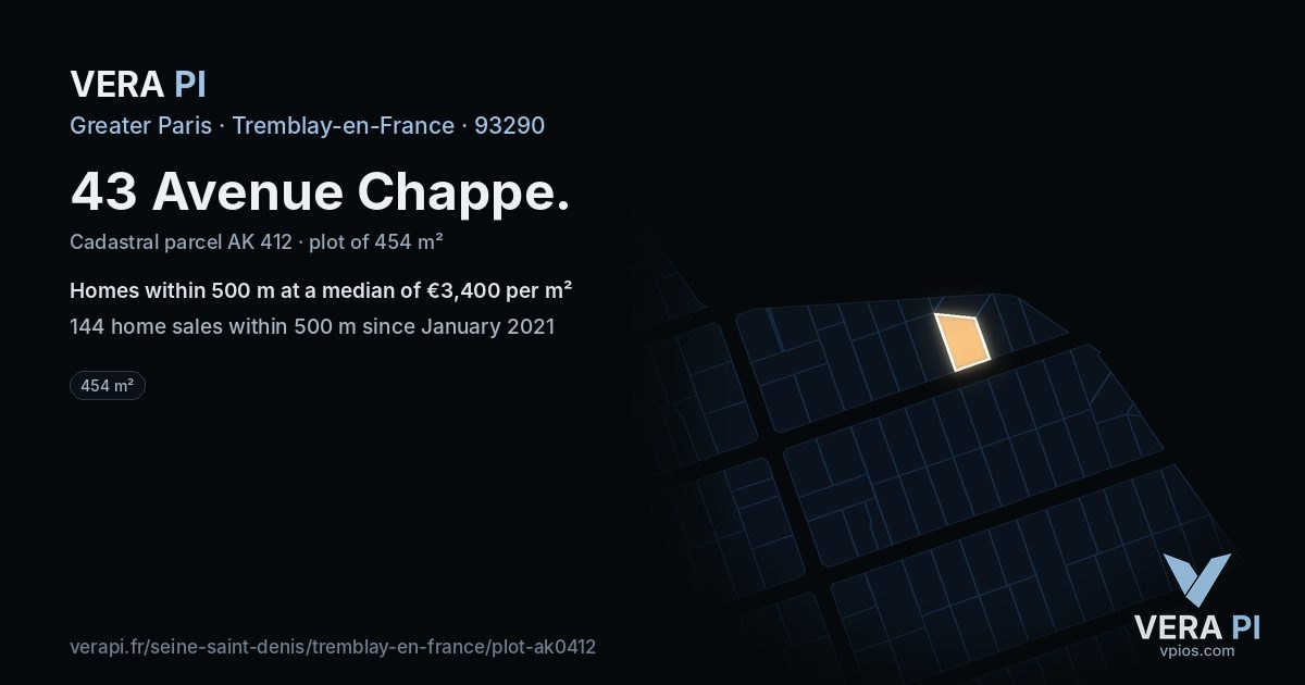 43 Avenue Chappe, Tremblay-en-France at night – the plot lit, the parcels around coloured by the prices near them