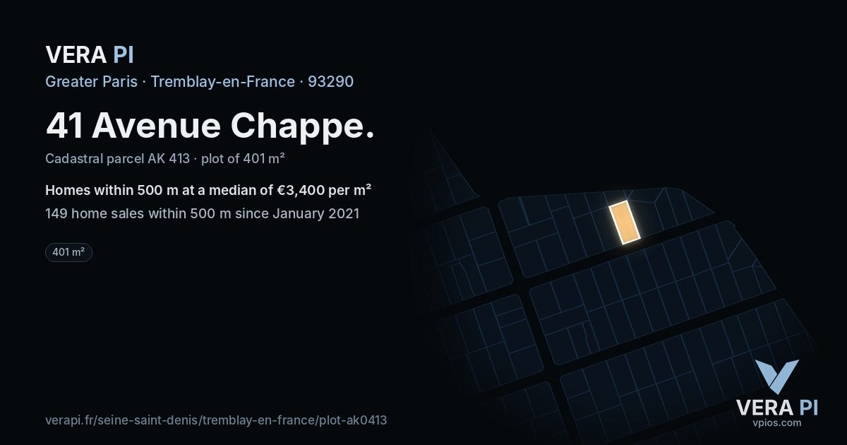 41 Avenue Chappe, Tremblay-en-France at night – the plot lit, the parcels around coloured by the prices near them