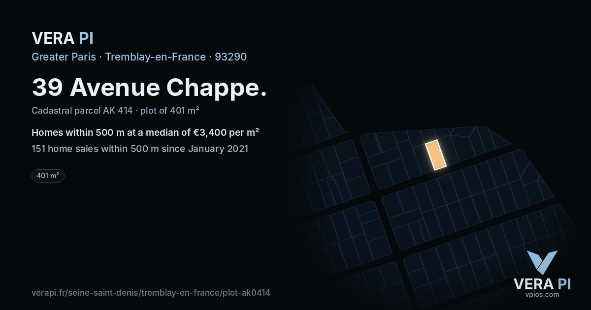 39 Avenue Chappe, Tremblay-en-France at night – the plot lit, the parcels around coloured by the prices near them