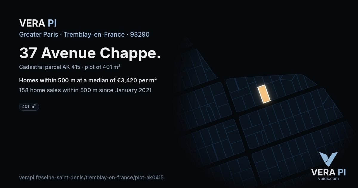 37 Avenue Chappe, Tremblay-en-France at night – the plot lit, the parcels around coloured by the prices near them