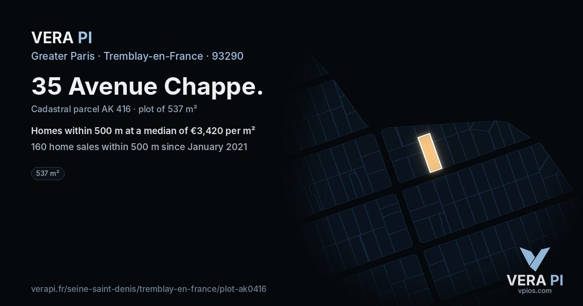 35 Avenue Chappe, Tremblay-en-France at night – the plot lit, the parcels around coloured by the prices near them