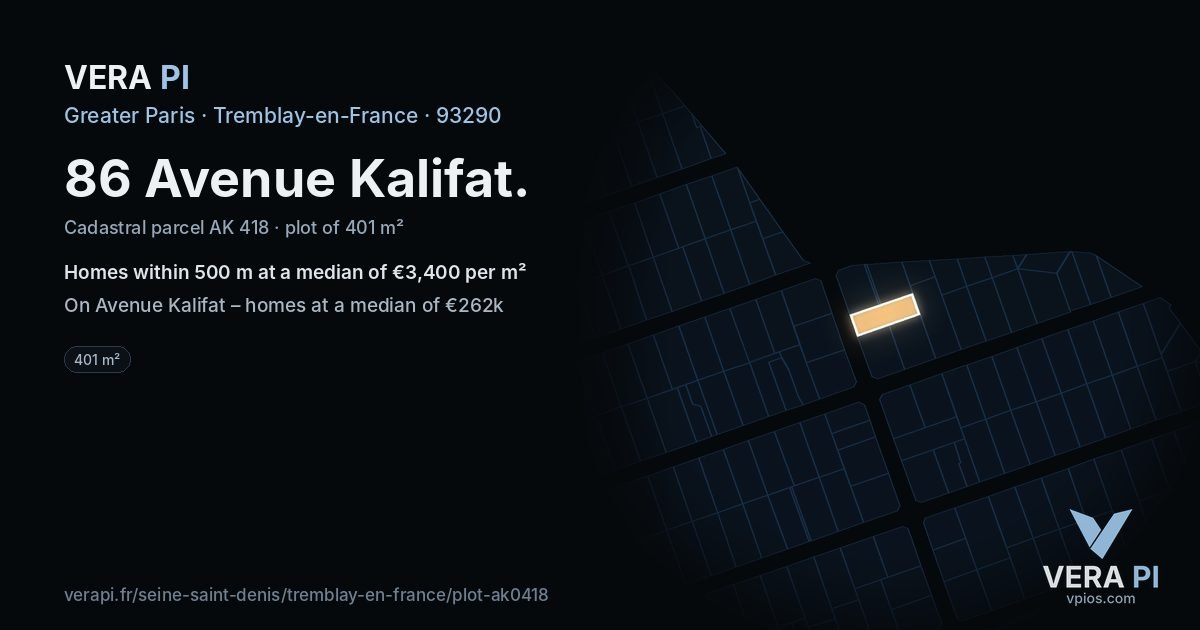 86 Avenue Kalifat, Tremblay-en-France at night – the plot lit, the parcels around coloured by the prices near them