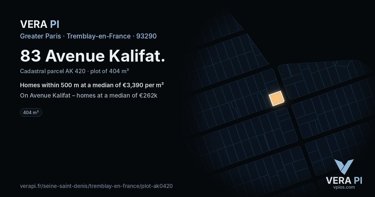 83 Avenue Kalifat, Tremblay-en-France at night – the plot lit, the parcels around coloured by the prices near them