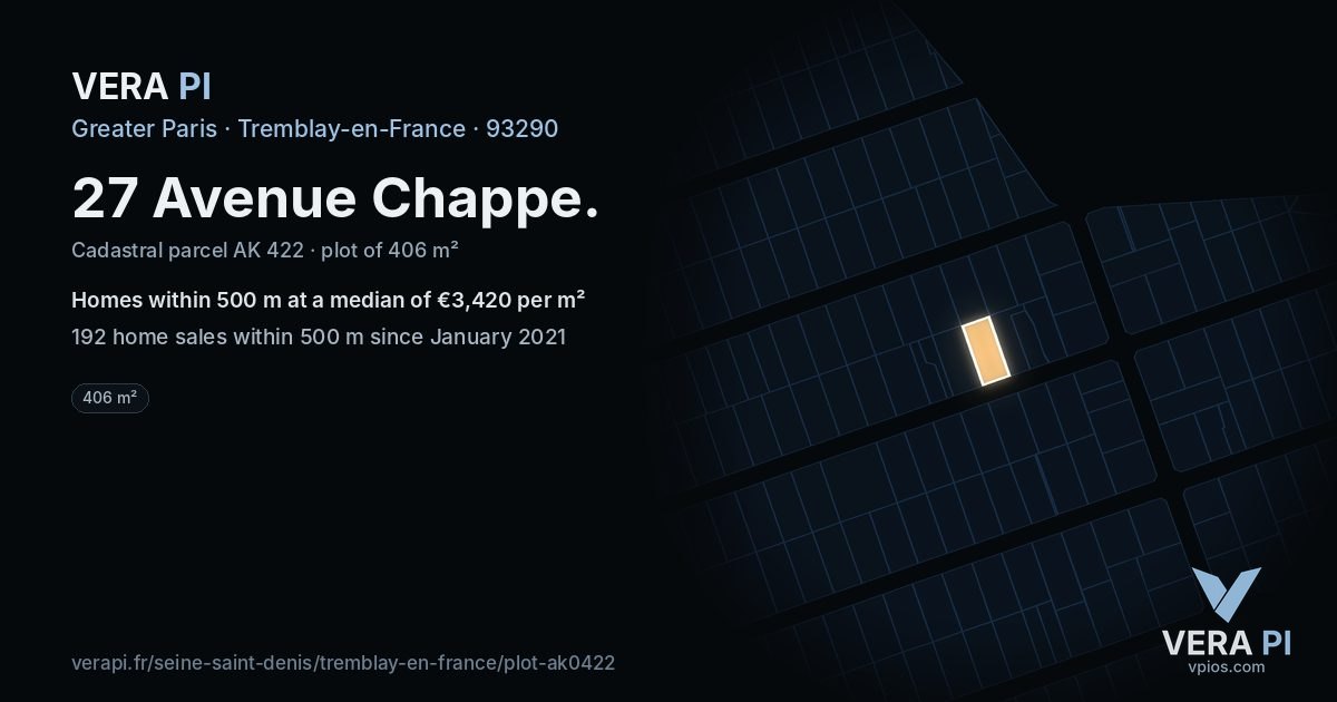 27 Avenue Chappe, Tremblay-en-France at night – the plot lit, the parcels around coloured by the prices near them