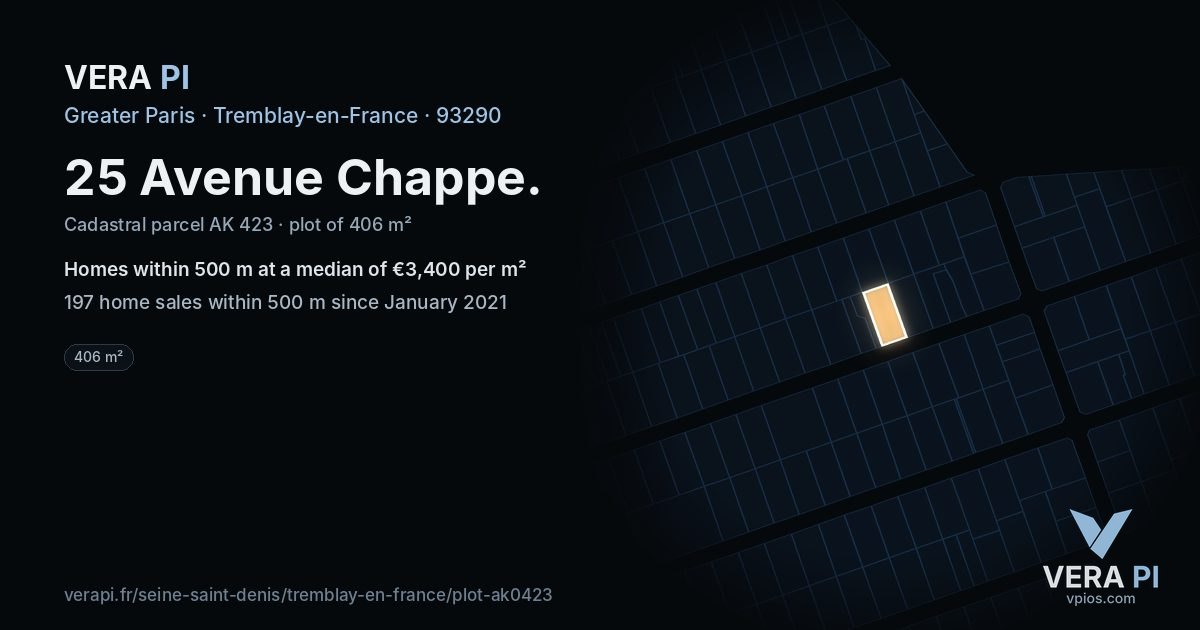 25 Avenue Chappe, Tremblay-en-France at night – the plot lit, the parcels around coloured by the prices near them