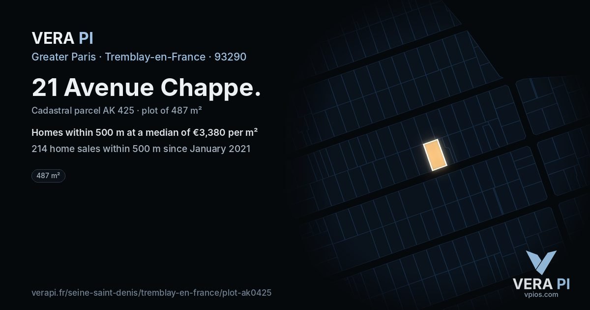 21 Avenue Chappe, Tremblay-en-France at night – the plot lit, the parcels around coloured by the prices near them