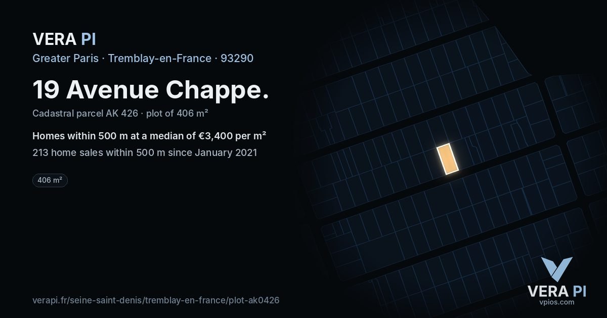19 Avenue Chappe, Tremblay-en-France at night – the plot lit, the parcels around coloured by the prices near them
