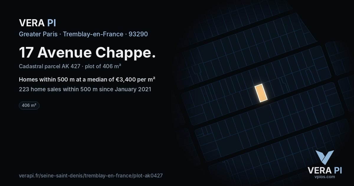 17 Avenue Chappe, Tremblay-en-France at night – the plot lit, the parcels around coloured by the prices near them