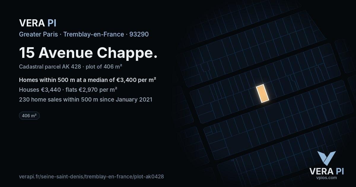 15 Avenue Chappe, Tremblay-en-France at night – the plot lit, the parcels around coloured by the prices near them