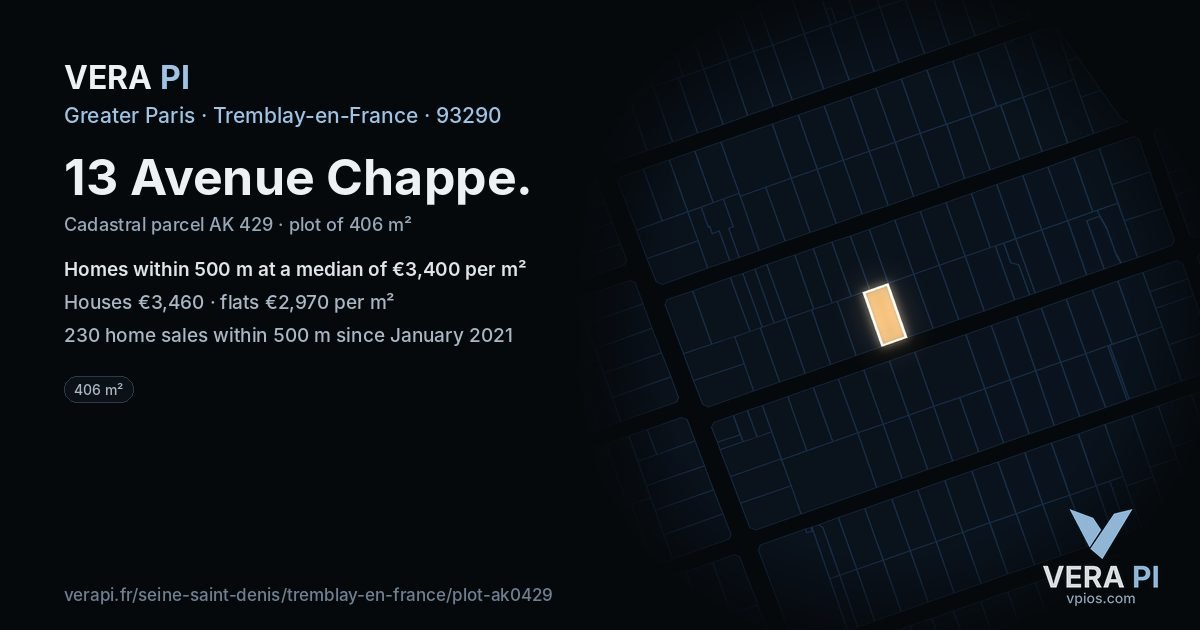 13 Avenue Chappe, Tremblay-en-France at night – the plot lit, the parcels around coloured by the prices near them