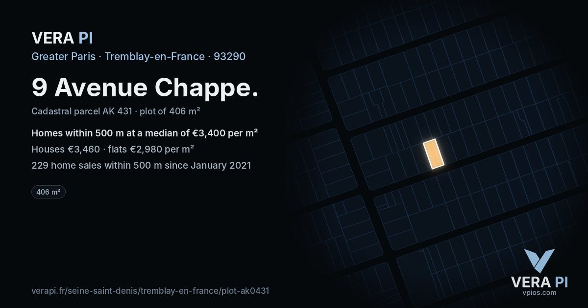 9 Avenue Chappe, Tremblay-en-France at night – the plot lit, the parcels around coloured by the prices near them