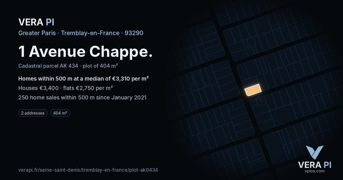 1 Avenue Chappe, Tremblay-en-France at night – the plot lit, the parcels around coloured by the prices near them