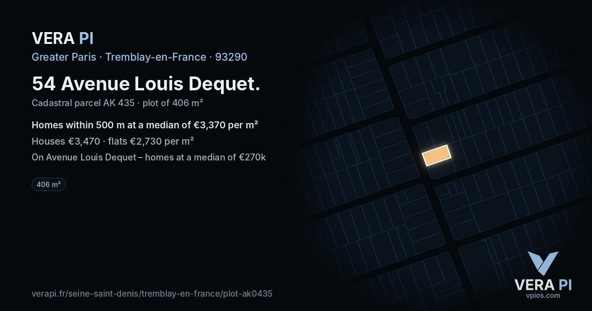 54 Avenue Louis Dequet, Tremblay-en-France at night – the plot lit, the parcels around coloured by the prices near them
