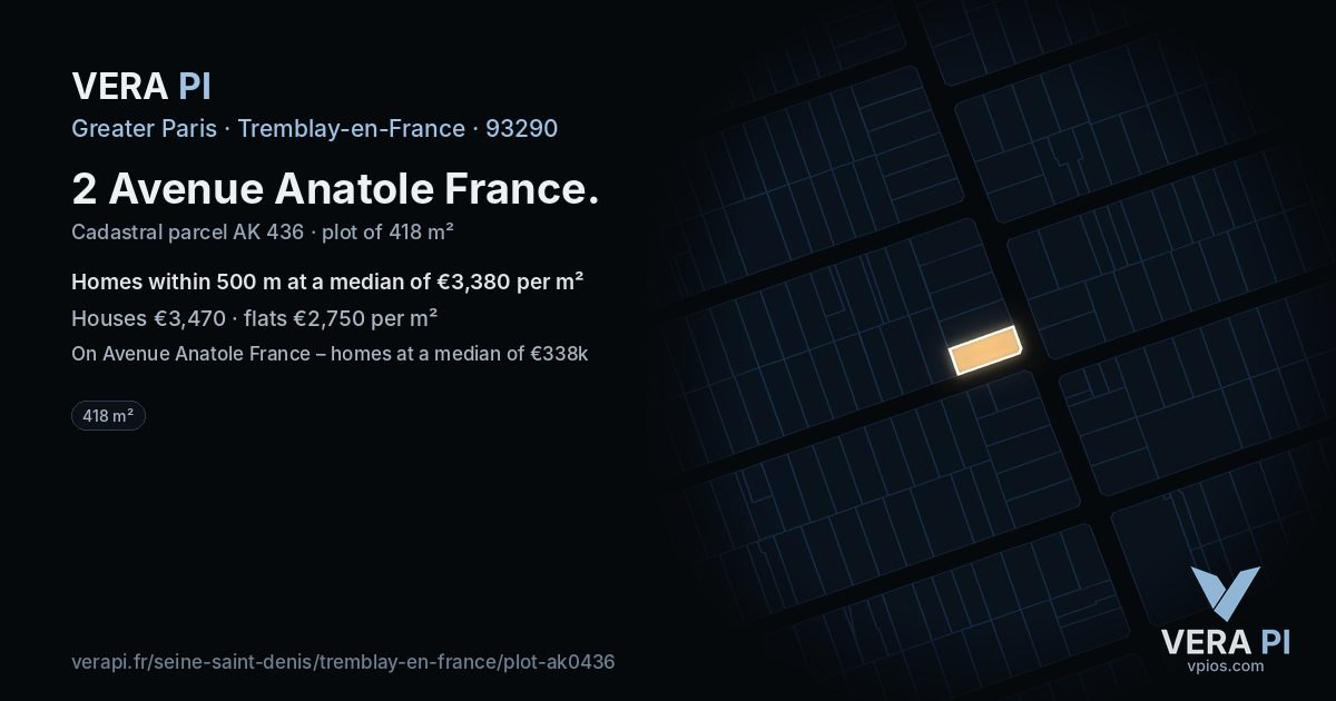 2 Avenue Anatole France, Tremblay-en-France at night – the plot lit, the parcels around coloured by the prices near them