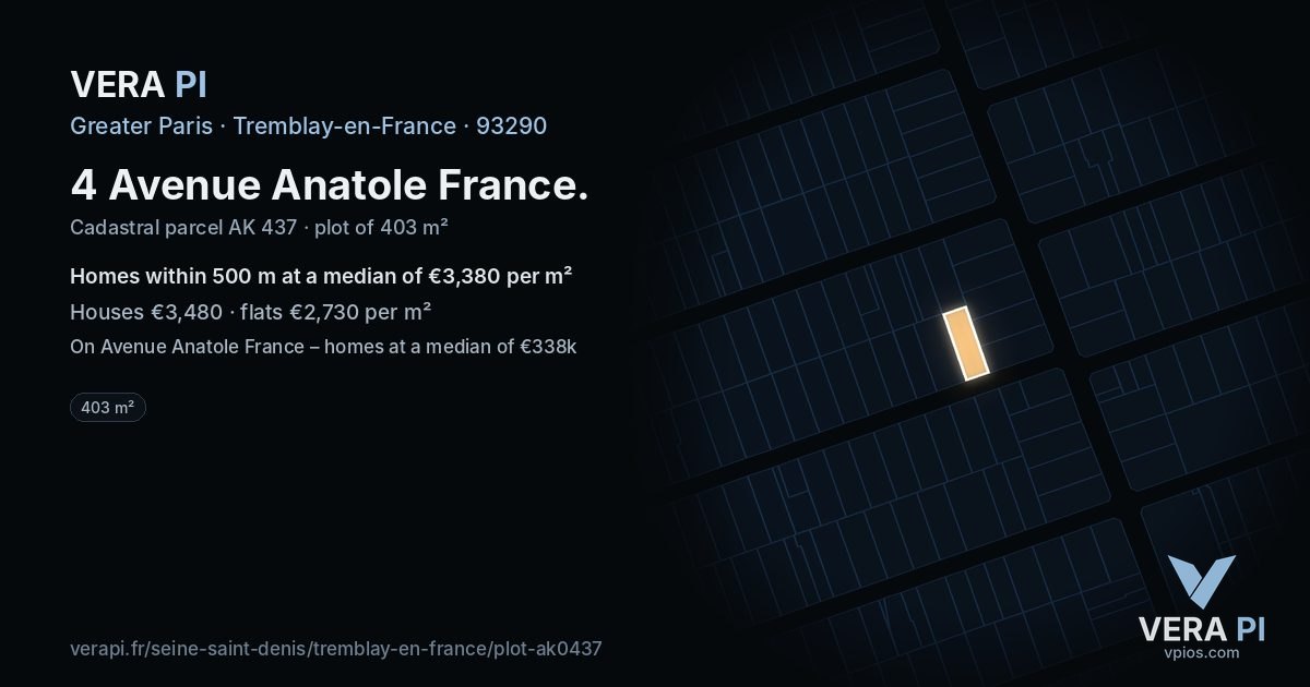 4 Avenue Anatole France, Tremblay-en-France at night – the plot lit, the parcels around coloured by the prices near them