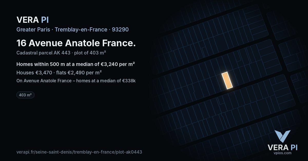 16 Avenue Anatole France, Tremblay-en-France at night – the plot lit, the parcels around coloured by the prices near them