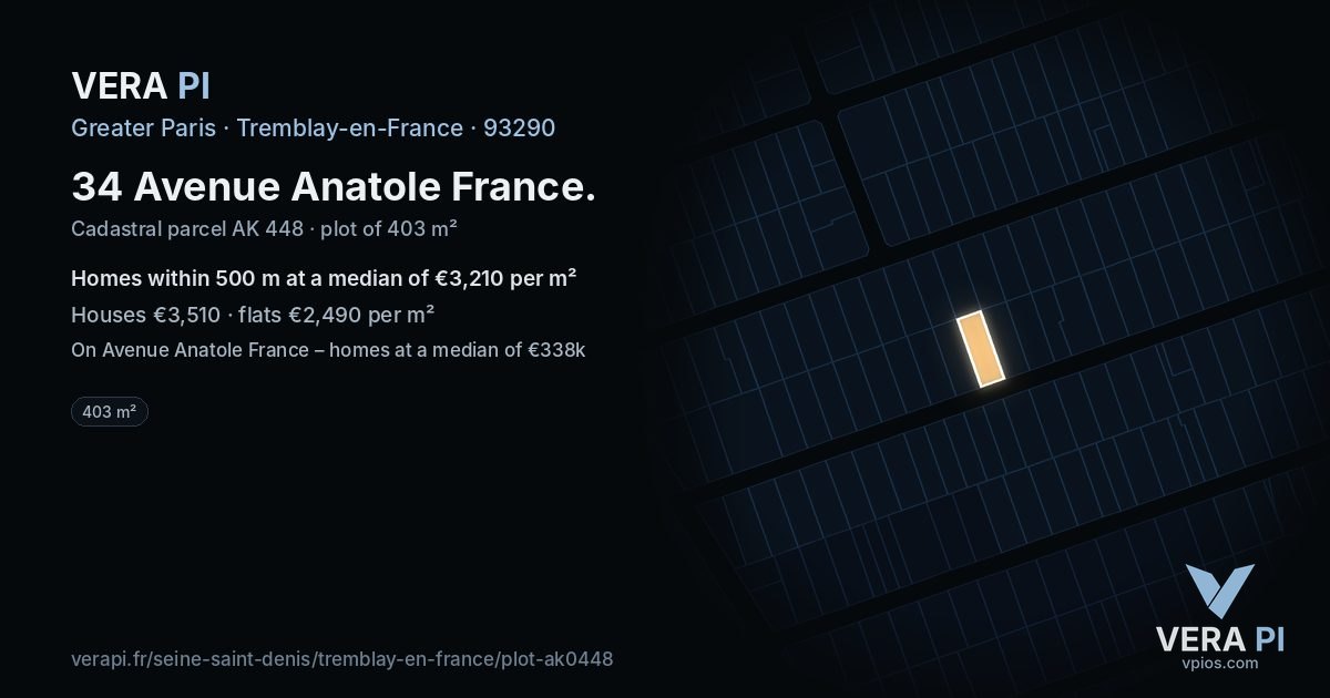 34 Avenue Anatole France, Tremblay-en-France at night – the plot lit, the parcels around coloured by the prices near them