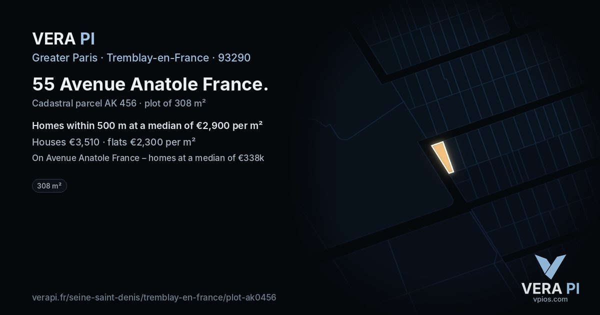 55 Avenue Anatole France, Tremblay-en-France at night – the plot lit, the parcels around coloured by the prices near them
