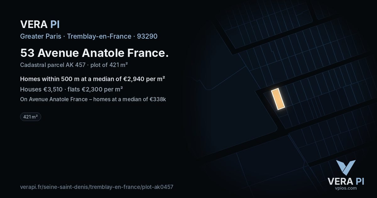 53 Avenue Anatole France, Tremblay-en-France at night – the plot lit, the parcels around coloured by the prices near them