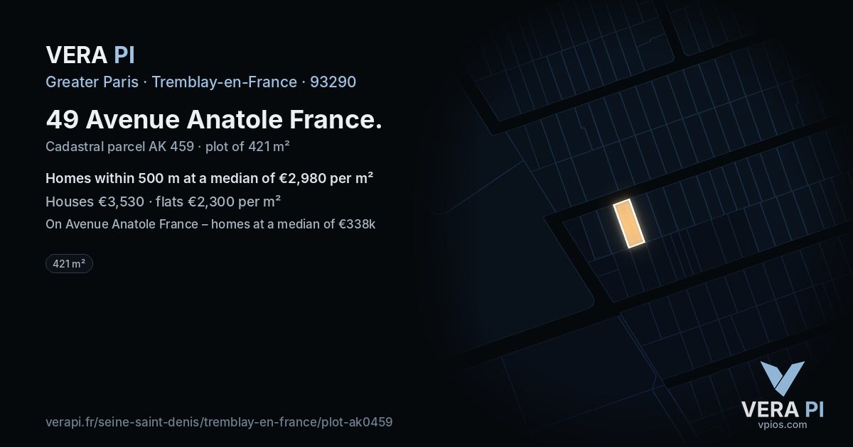 49 Avenue Anatole France, Tremblay-en-France at night – the plot lit, the parcels around coloured by the prices near them
