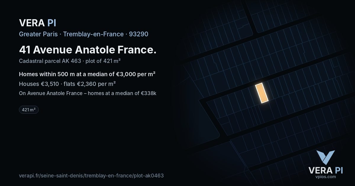 41 Avenue Anatole France, Tremblay-en-France at night – the plot lit, the parcels around coloured by the prices near them