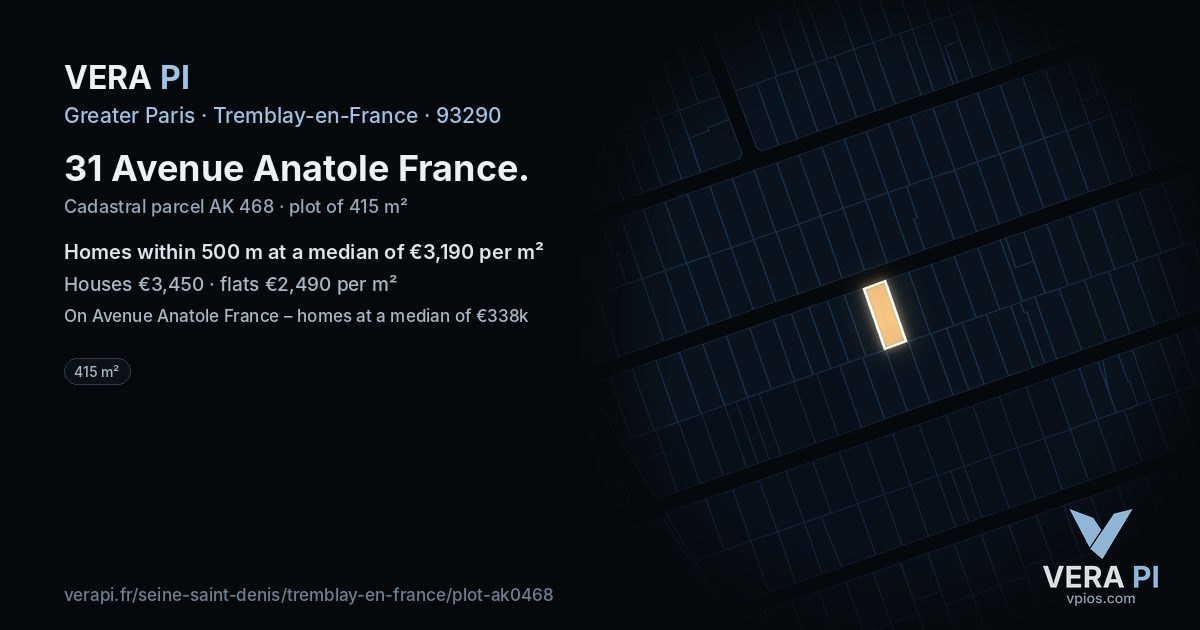 31 Avenue Anatole France, Tremblay-en-France at night – the plot lit, the parcels around coloured by the prices near them