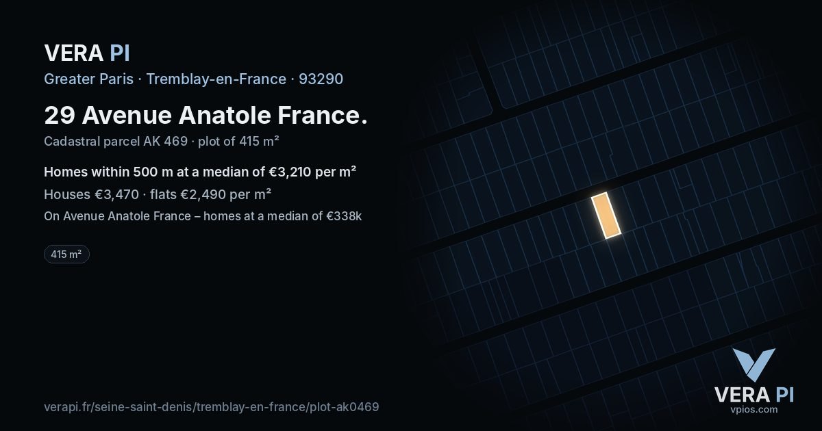29 Avenue Anatole France, Tremblay-en-France at night – the plot lit, the parcels around coloured by the prices near them