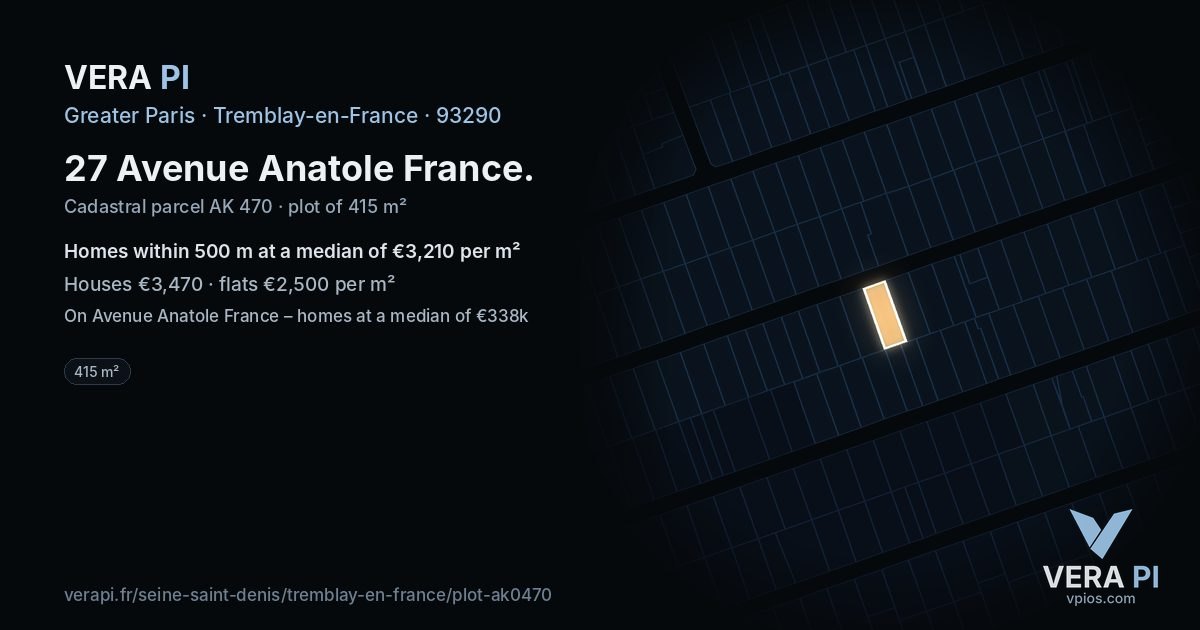 27 Avenue Anatole France, Tremblay-en-France at night – the plot lit, the parcels around coloured by the prices near them