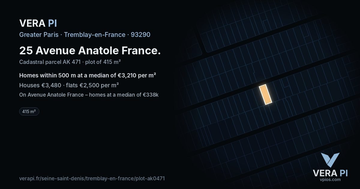 25 Avenue Anatole France, Tremblay-en-France at night – the plot lit, the parcels around coloured by the prices near them