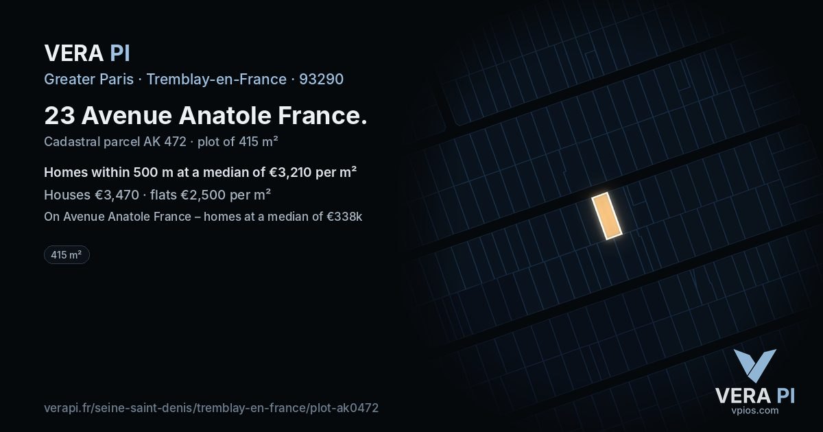 23 Avenue Anatole France, Tremblay-en-France at night – the plot lit, the parcels around coloured by the prices near them