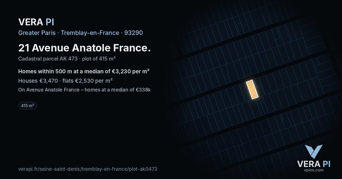 21 Avenue Anatole France, Tremblay-en-France at night – the plot lit, the parcels around coloured by the prices near them