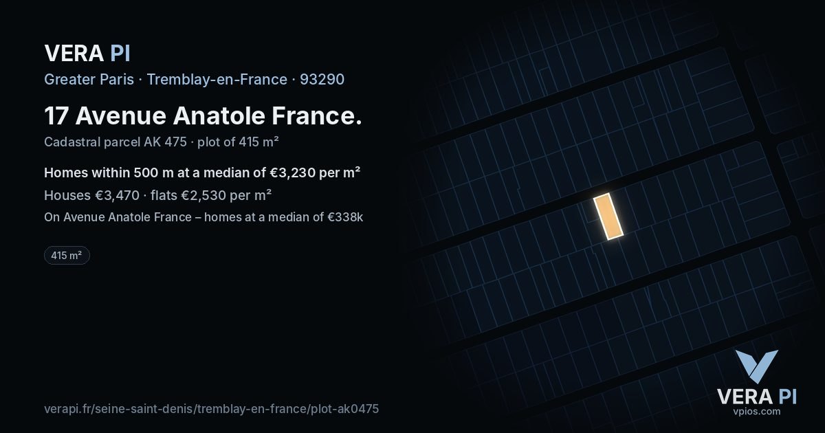 17 Avenue Anatole France, Tremblay-en-France at night – the plot lit, the parcels around coloured by the prices near them