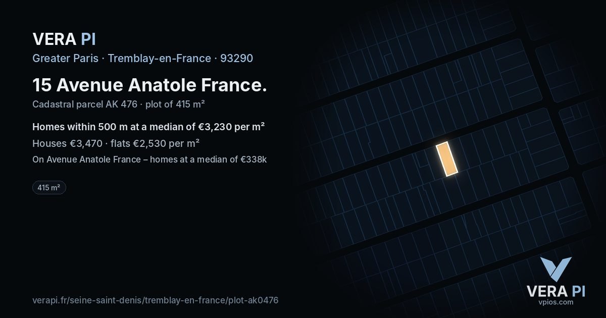15 Avenue Anatole France, Tremblay-en-France at night – the plot lit, the parcels around coloured by the prices near them