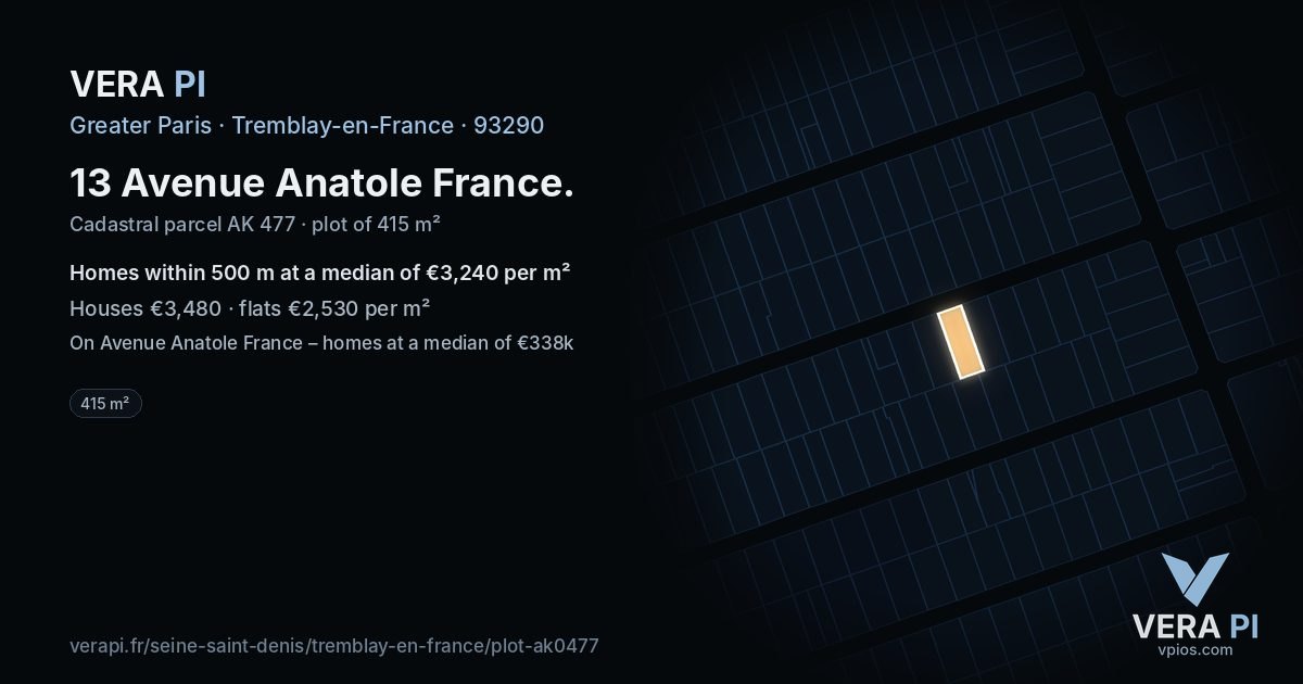 13 Avenue Anatole France, Tremblay-en-France at night – the plot lit, the parcels around coloured by the prices near them