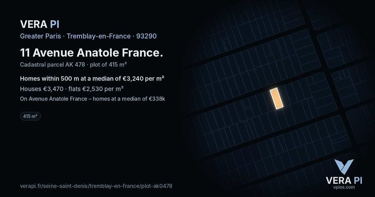 11 Avenue Anatole France, Tremblay-en-France at night – the plot lit, the parcels around coloured by the prices near them