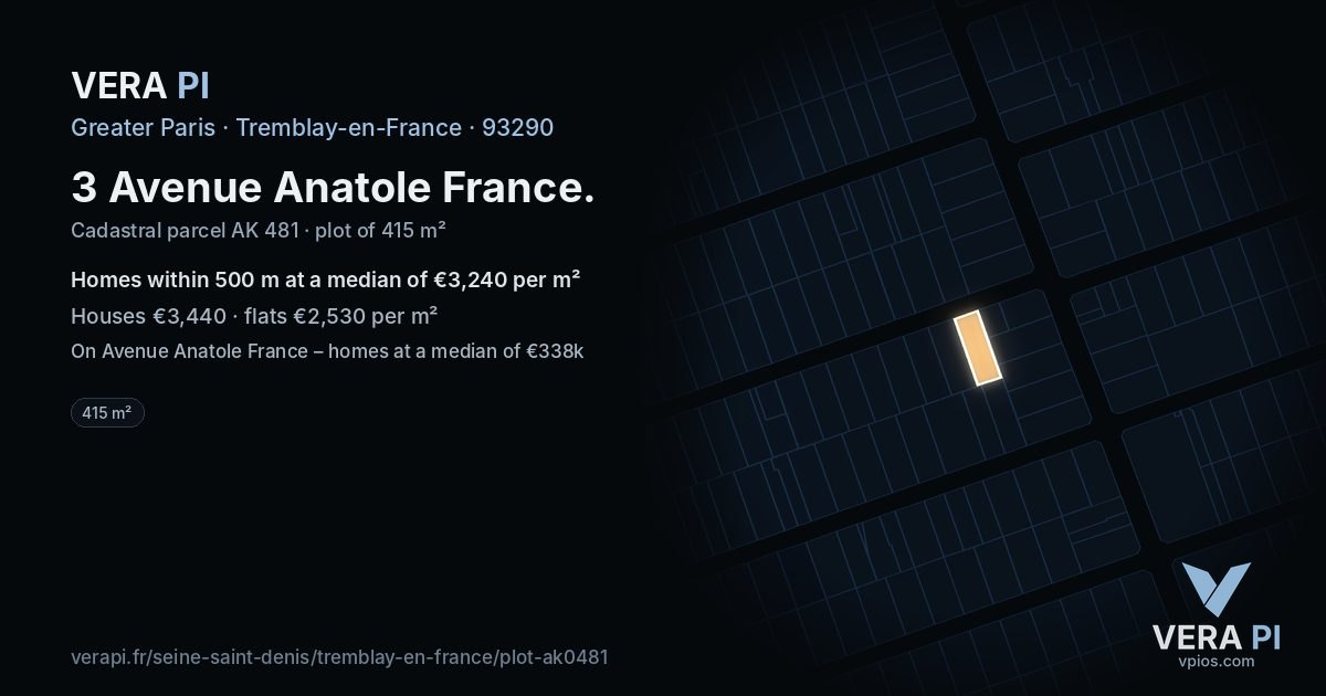 3 Avenue Anatole France, Tremblay-en-France at night – the plot lit, the parcels around coloured by the prices near them