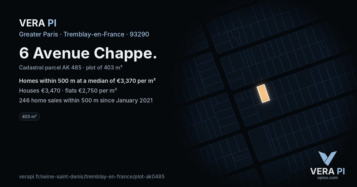 6 Avenue Chappe, Tremblay-en-France at night – the plot lit, the parcels around coloured by the prices near them
